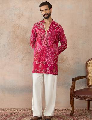 Mens pink silk blend ethnic motifs embroidered kurta 2