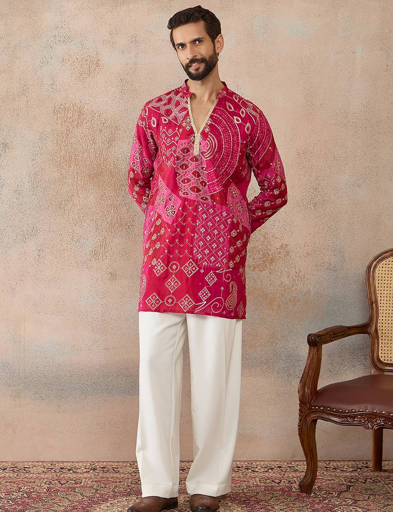 Mens pink silk blend ethnic motifs embroidered kurta