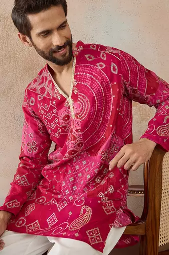 Mens pink silk blend ethnic motifs embroidered kurta