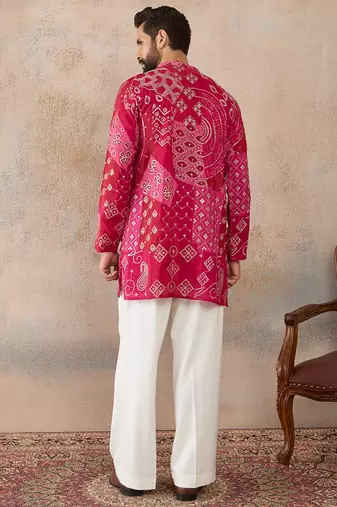 Mens pink silk blend ethnic motifs embroidered kurta