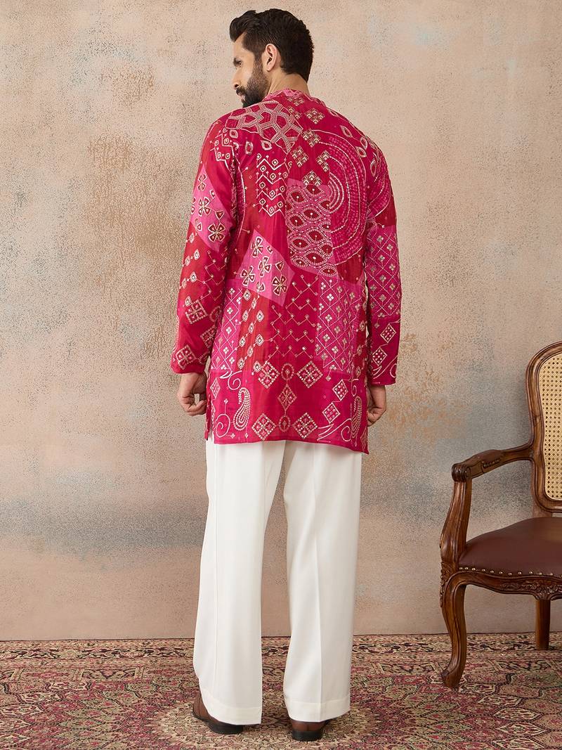 Mens pink silk blend ethnic motifs embroidered kurta