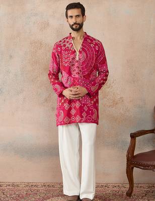 Mens pink silk blend ethnic motifs embroidered kurta 5