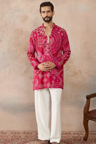 Mens pink silk blend ethnic motifs embroidered kurta