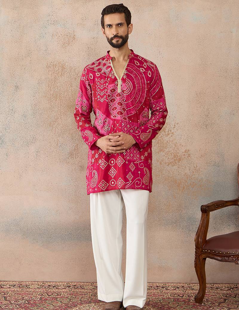 Mens pink silk blend ethnic motifs embroidered kurta