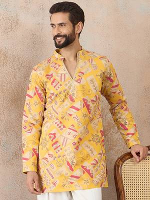Mens yellow silk blend ethnic motifs embroidered kurta 1