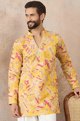 Mens yellow silk blend ethnic motifs embroidered kurta