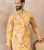 Mens yellow silk blend ethnic motifs embroidered kurta