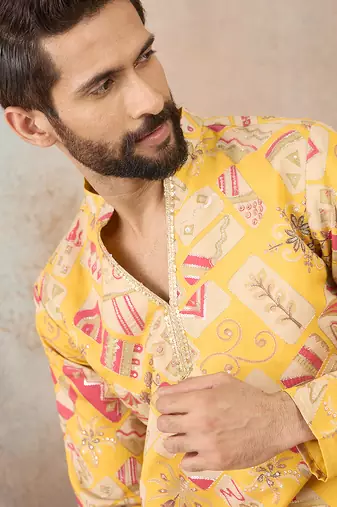 Mens yellow silk blend ethnic motifs embroidered kurta