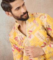 Mens yellow silk blend ethnic motifs embroidered kurta
