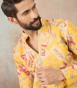 Mens yellow silk blend ethnic motifs embroidered kurta