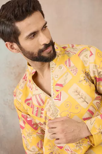 Mens yellow silk blend ethnic motifs embroidered kurta