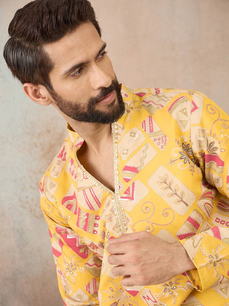Mens yellow silk blend ethnic motifs embroidered kurta