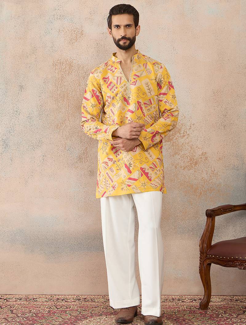 Mens yellow silk blend ethnic motifs embroidered kurta