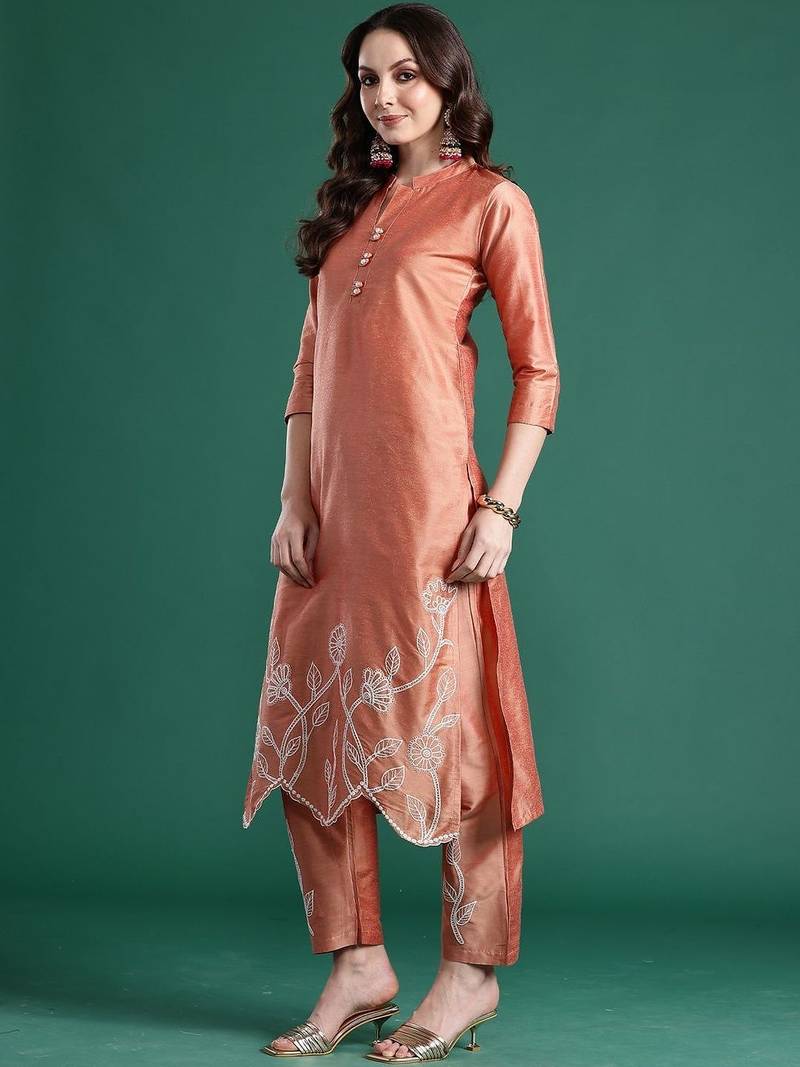 Women Floral Embroidered Regular Thread Work Pure Cotton Kurta with Trousers