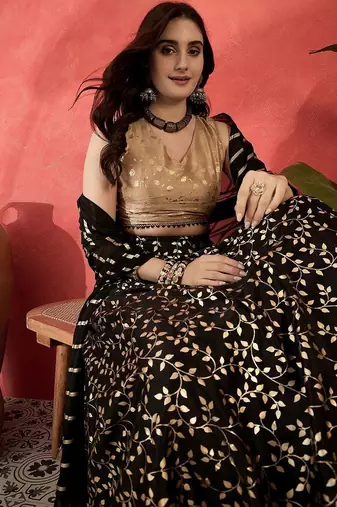 Foil Printed V-Neck Sleeveless Lehenga With Choli & Dupatta