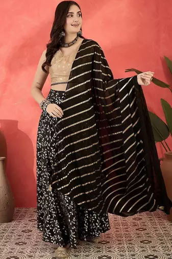 Foil Printed V-Neck Sleeveless Lehenga With Choli & Dupatta