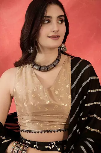 Foil Printed V-Neck Sleeveless Lehenga With Choli & Dupatta