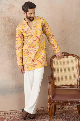 Mens yellow silk blend ethnic motifs embroidered kurta