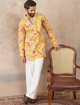 Mens yellow silk blend ethnic motifs embroidered kurta 3