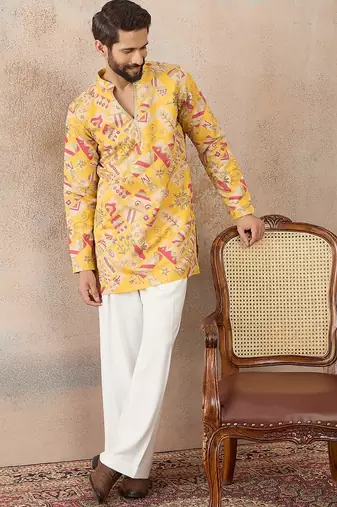 Mens yellow silk blend ethnic motifs embroidered kurta