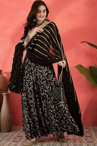 Foil Printed V-Neck Sleeveless Lehenga With Choli & Dupatta