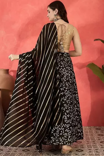 Foil Printed V-Neck Sleeveless Lehenga With Choli & Dupatta