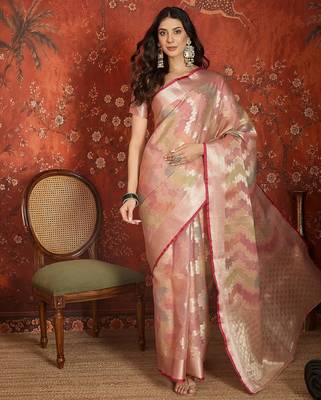 Pink tissue woven design saree with unstitched blouse piece. 2