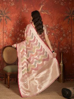 Pink tissue woven design saree with unstitched blouse piece. 3