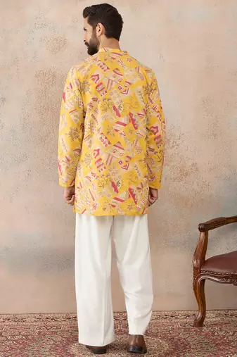 Mens yellow silk blend ethnic motifs embroidered kurta