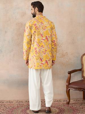 Mens yellow silk blend ethnic motifs embroidered kurta 4