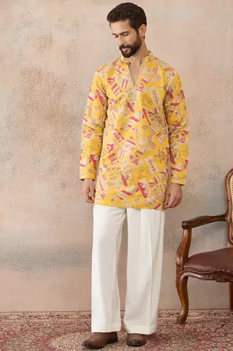 Mens yellow silk blend ethnic motifs embroidered kurta