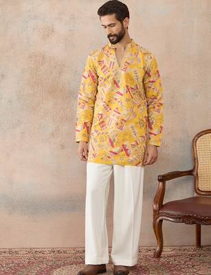 Mens yellow silk blend ethnic motifs embroidered kurta 5