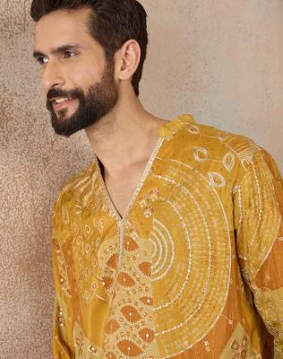 Mens green silk blend ethnic motifs embroidered kurta 1
