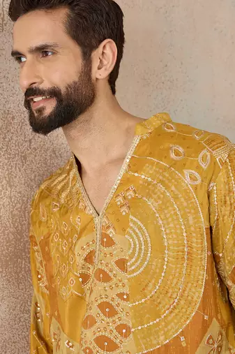 Mens green silk blend ethnic motifs embroidered kurta