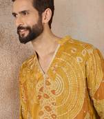 Mens green silk blend ethnic motifs embroidered kurta