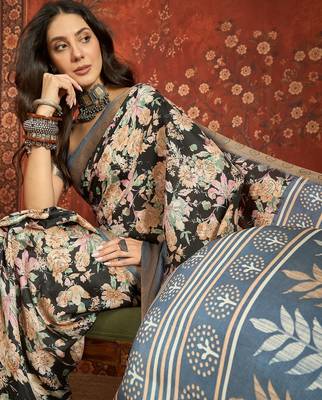 Black silk cotton printed saree with unstitched blouse piece. 1