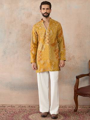 Mens green silk blend ethnic motifs embroidered kurta 2