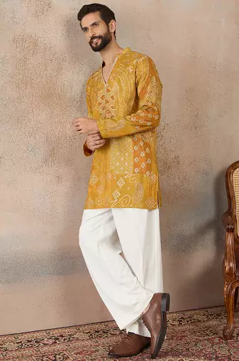 Mens green silk blend ethnic motifs embroidered kurta
