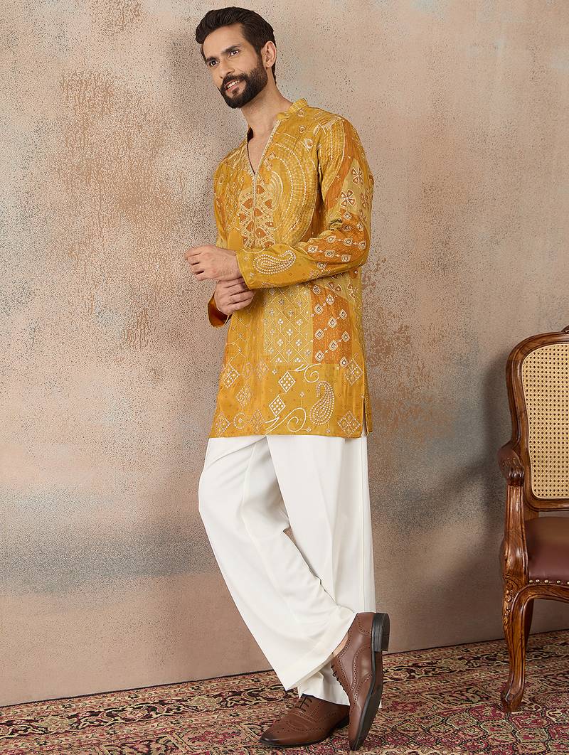 Mens green silk blend ethnic motifs embroidered kurta