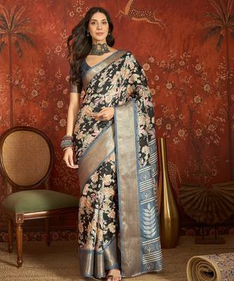 Black silk cotton printed saree with unstitched blouse piece. 2