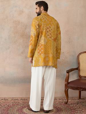 Mens green silk blend ethnic motifs embroidered kurta 4