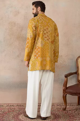 Mens green silk blend ethnic motifs embroidered kurta
