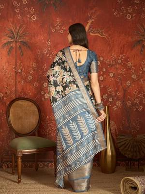 Black silk cotton printed saree with unstitched blouse piece. 3