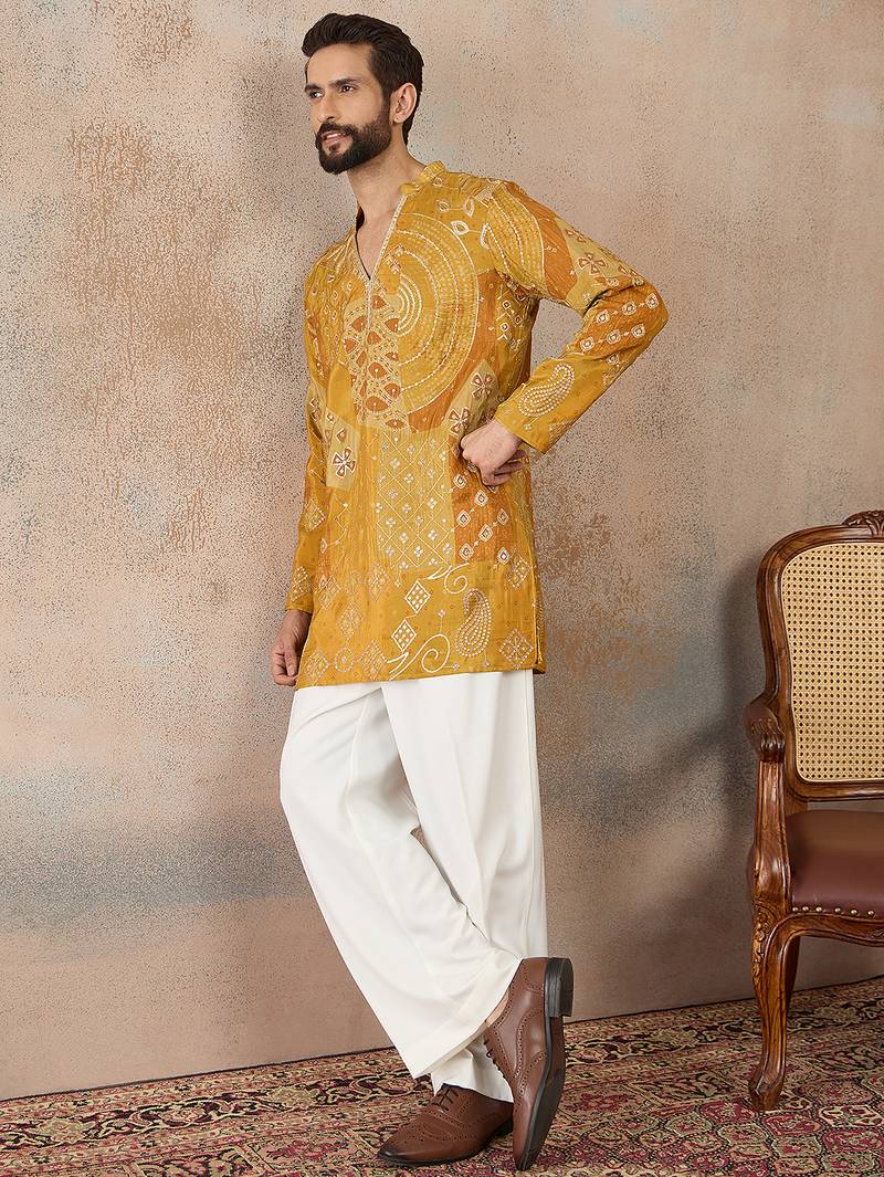 Mens green silk blend ethnic motifs embroidered kurta