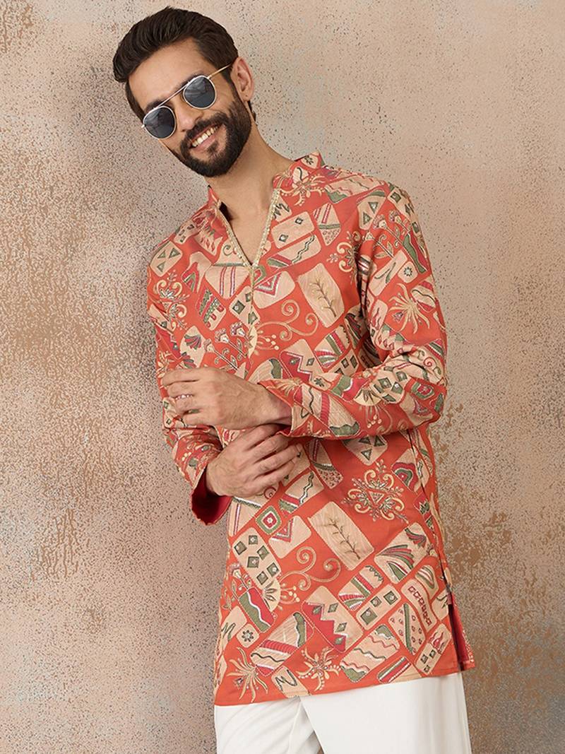 Mens coral silk blend abstract embroidered kurta