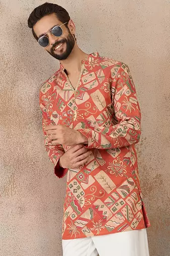 Mens coral silk blend abstract embroidered kurta