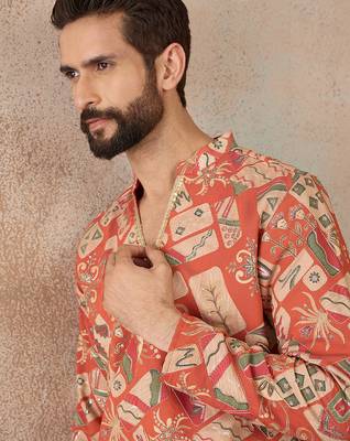 Mens coral silk blend abstract embroidered kurta 1