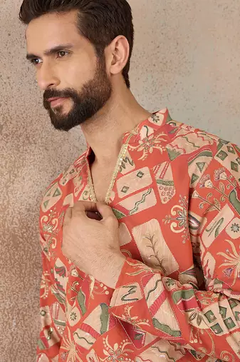Mens coral silk blend abstract embroidered kurta
