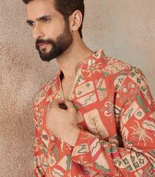 Mens coral silk blend abstract embroidered kurta