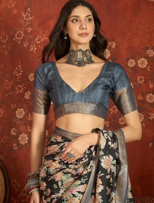 Black silk cotton printed saree with unstitched blouse piece. 5